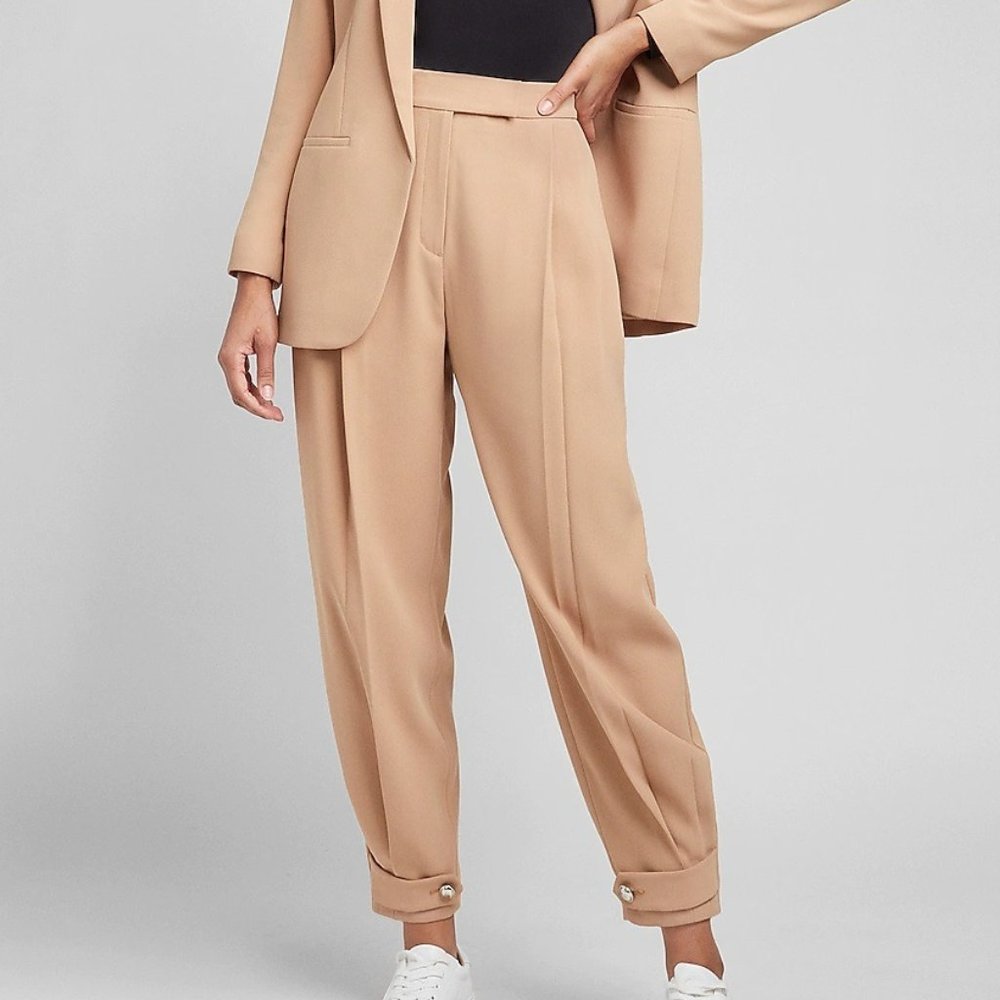 NWT Express Pecan High Waisted Pleated Tab Hem Ankle Pant SZ XL